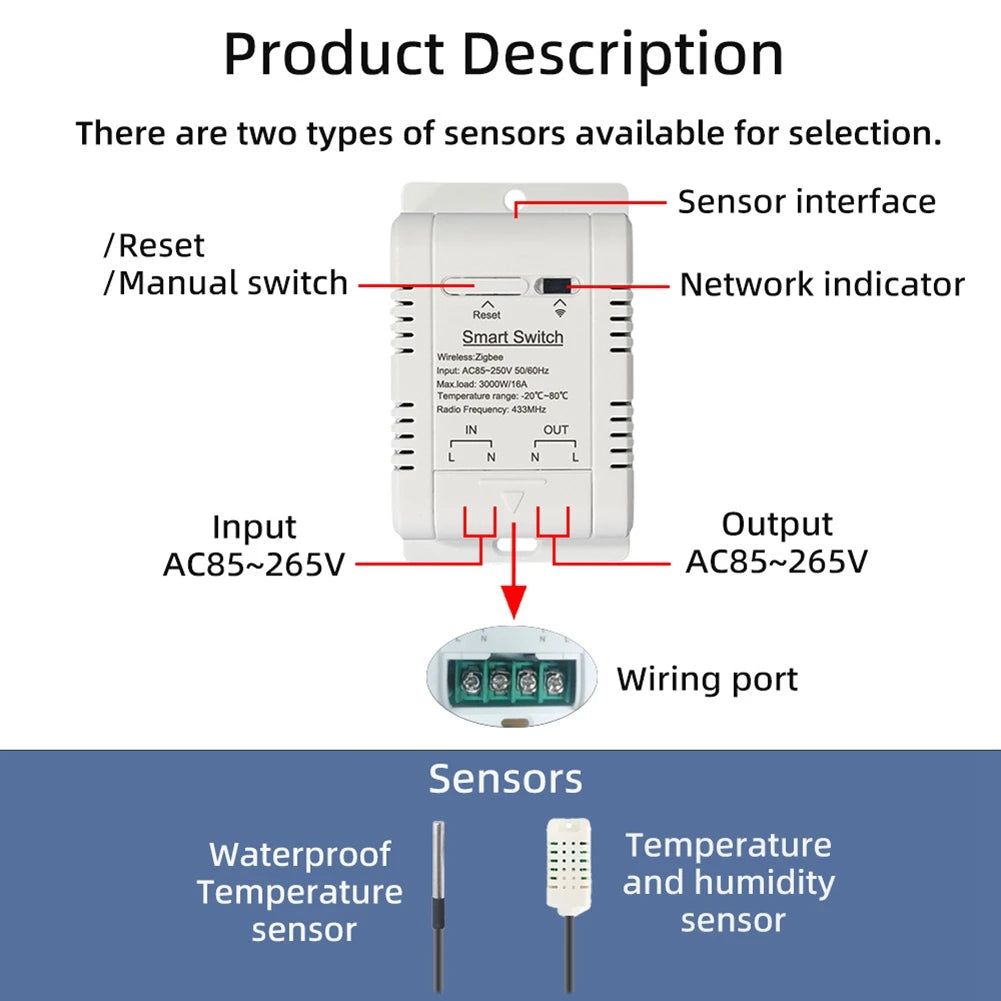 3Cgro-Tuya Zigbee Temperature Switch 16A Smart Wireless Thermostat with 2M Temperature Sensor Supports Voice Control