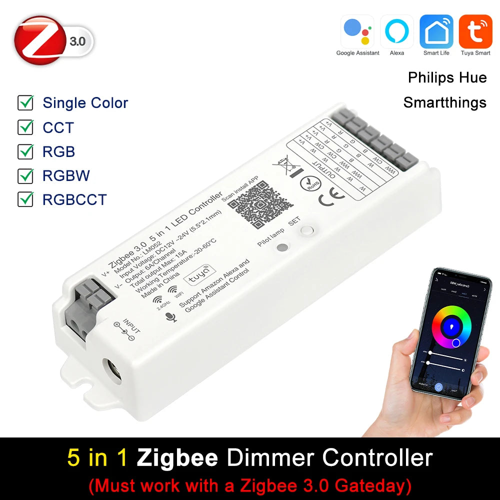 5 in 1 Controller Tuya Zigbee Wifi Smart LED Dimmer 2.4G RC Support Alexa Google Assistant for 12V 24V CCT RGB RGBCCT COB Strip