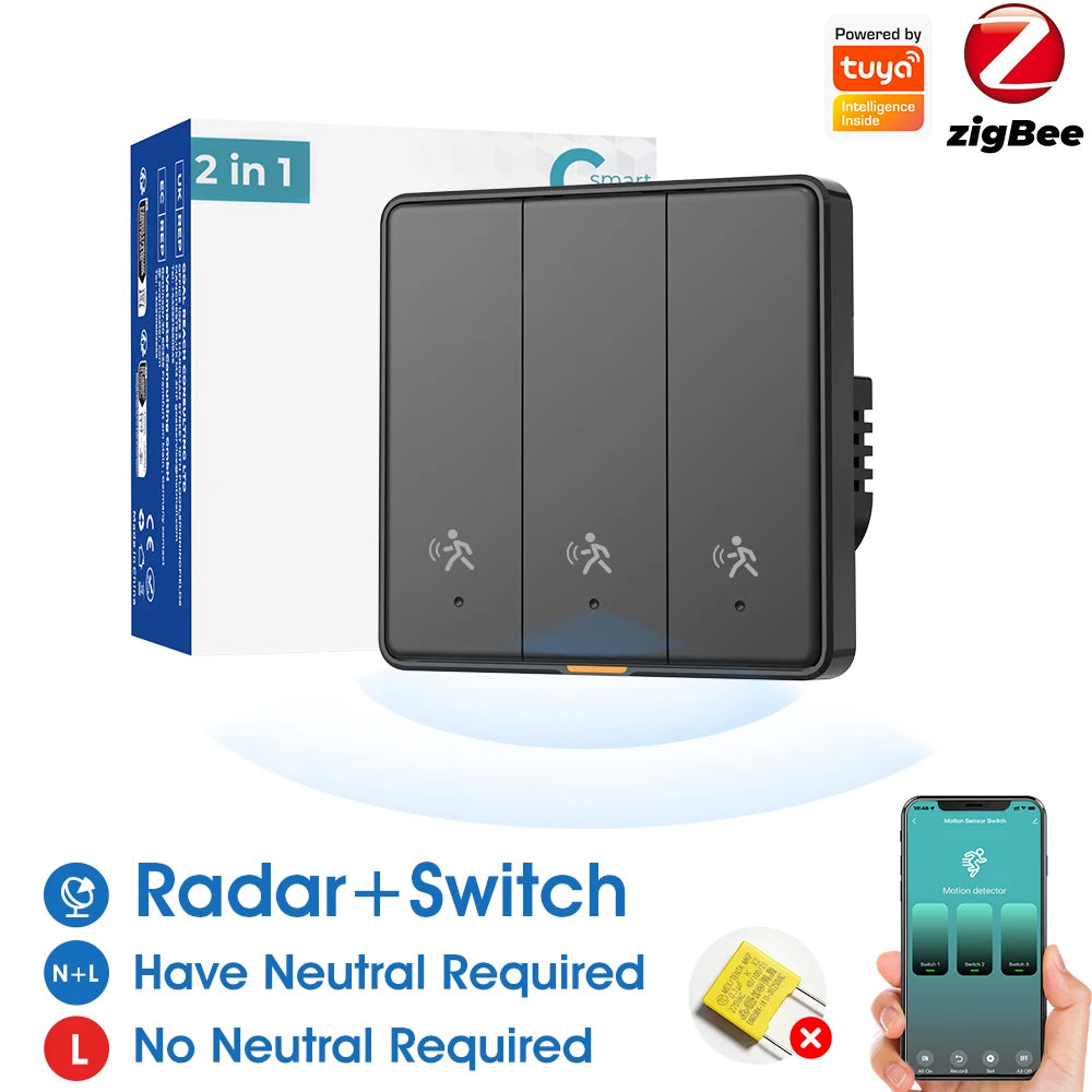 Revolutionize Your Home with the Tuya Zigbee 3.0 Smart Light Switch Featuring 6M Radar Motion Detection – No Neutral Wire Needed!