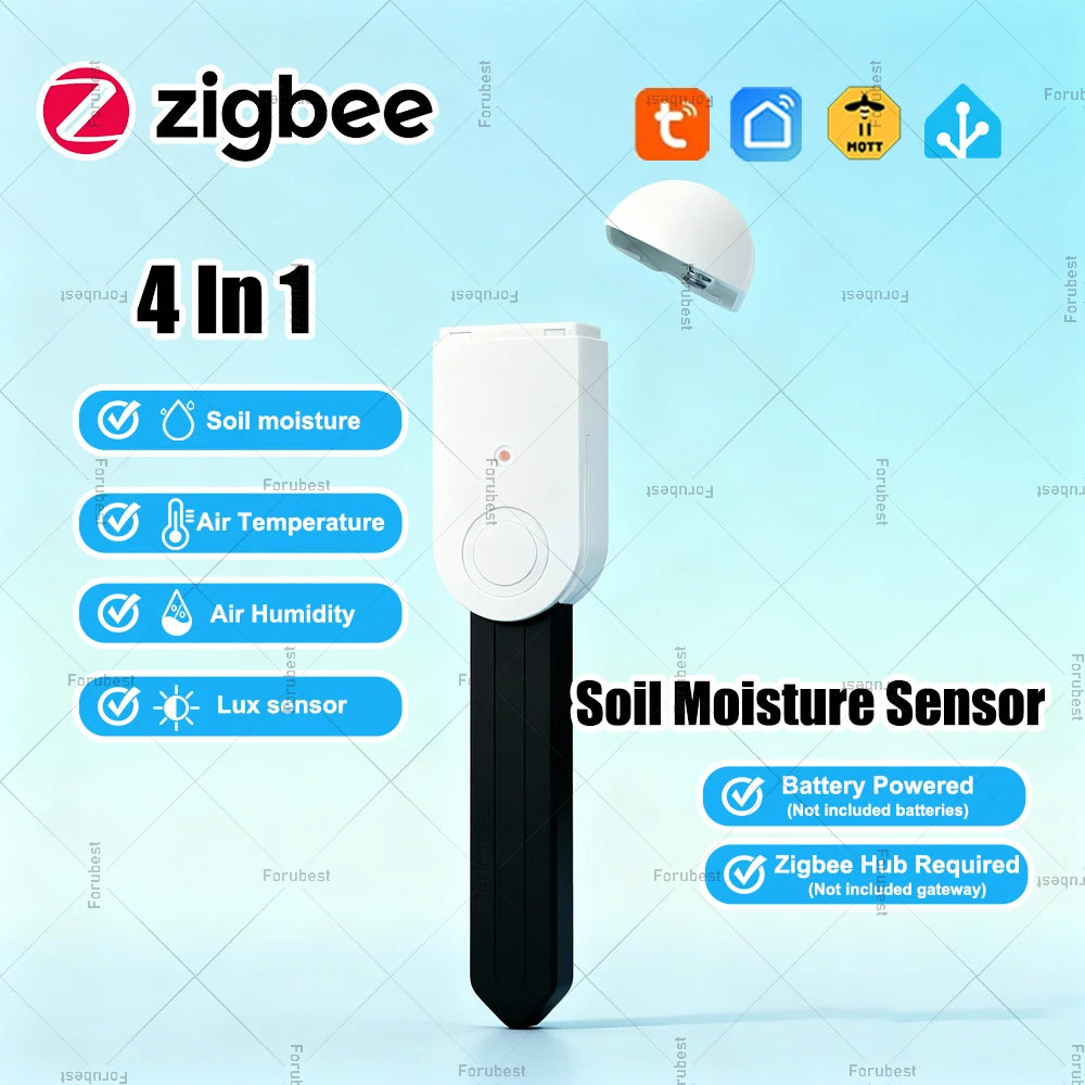 4 in 1 Zigbee Smart Soil Tester Luminance Humidity Temperature Moisture Sensor APP Real Time Monitor Works with Tuya Zigbee2Mqtt