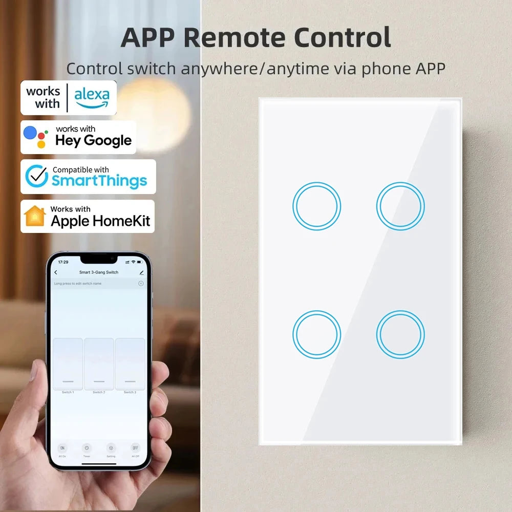 Matter Homekit Wifi Smart Light Touch Wall Switch 1 2 3 4 Gang 2-Way Control Switch Support Siri Smartthings Alexa Google Home