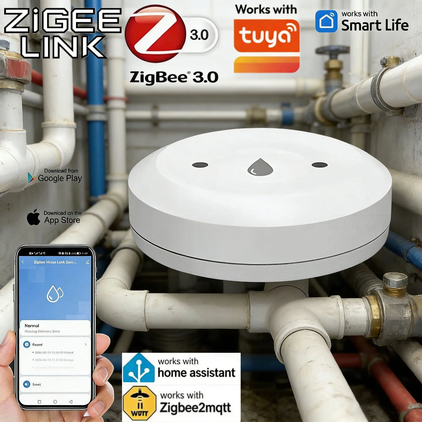 For Tuya Zigbee Smart Water Leak Sensor Flood Leakage Sensor Overflow Level Detector Remote Monitor Home Assistant Zigbee2Mqtt