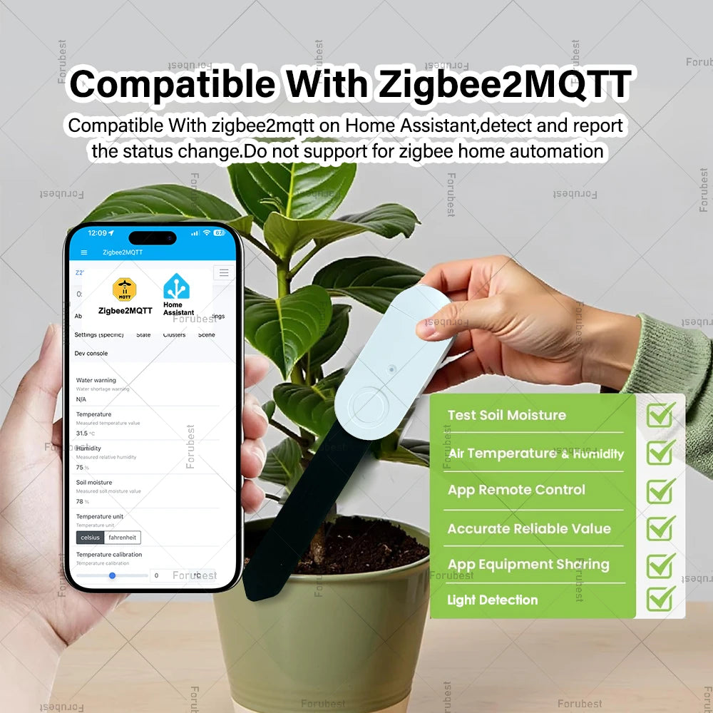 4 in 1 Zigbee Smart Soil Tester Luminance Humidity Temperature Moisture Sensor APP Real Time Monitor Works with Tuya Zigbee2Mqtt