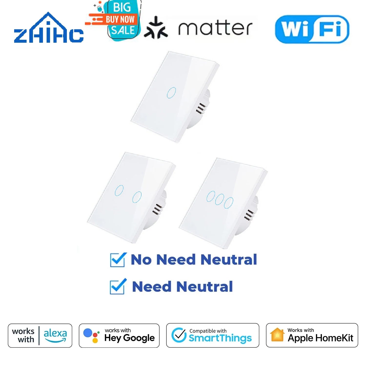 Matter Homekit Wifi Smart Light Touch Wall Switch 1 2 3 4 Gang 2-Way Control Switch Support Siri Smartthings Alexa Google Home