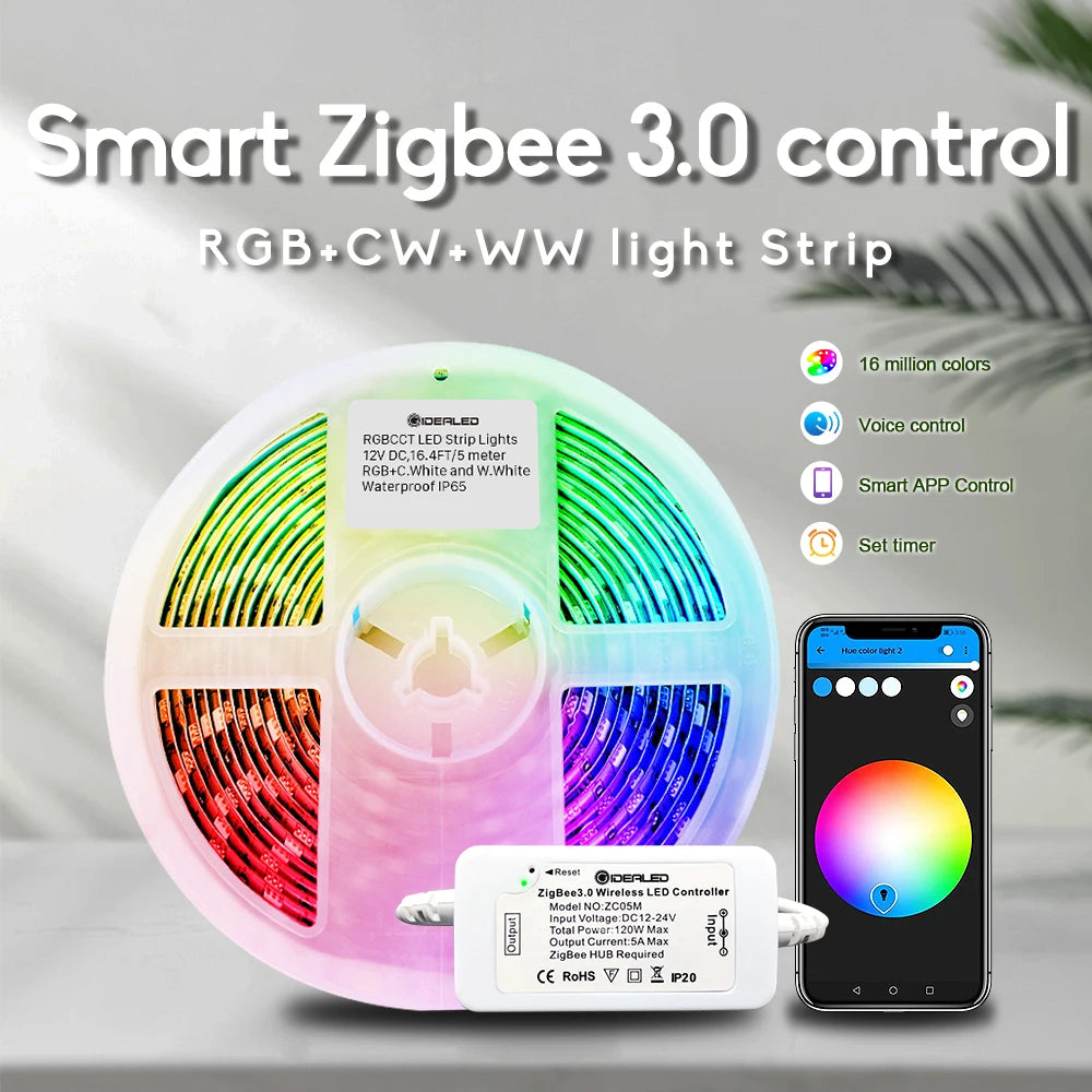 Smart Zigbee 3.0 Controller Dimmable LED 5M RGBCCT LED Light Strips Compatible Zigbee HUB Bridge,Echo plus Atmosphere Lighting