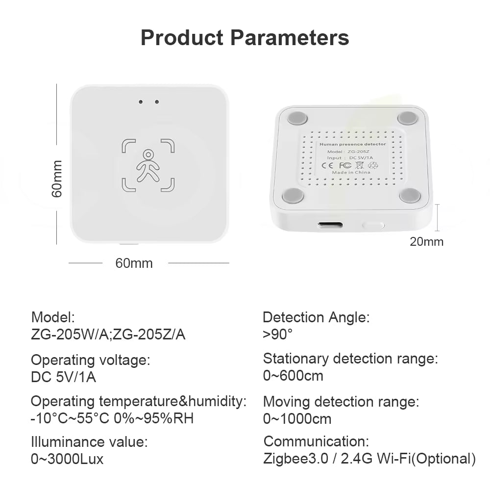 Zigbee Wifi Mmwave Human Presence Motion Sensor with Luminance/Distance Detection 5.8G 24G Radar Detector Support Home Assistant