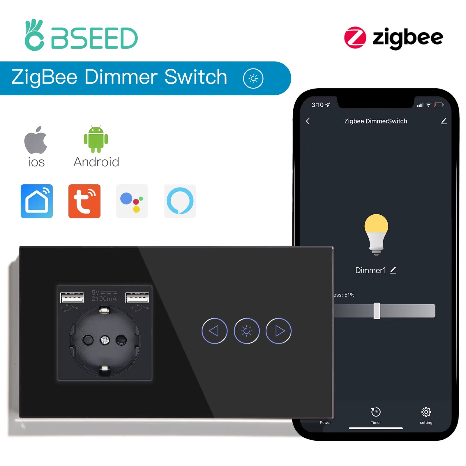 Zigbee Dimmer Switches Tuya APP Control Smart LED Dimmable Series Glass Google Alexa Smart Dimmer Touch Switches Black