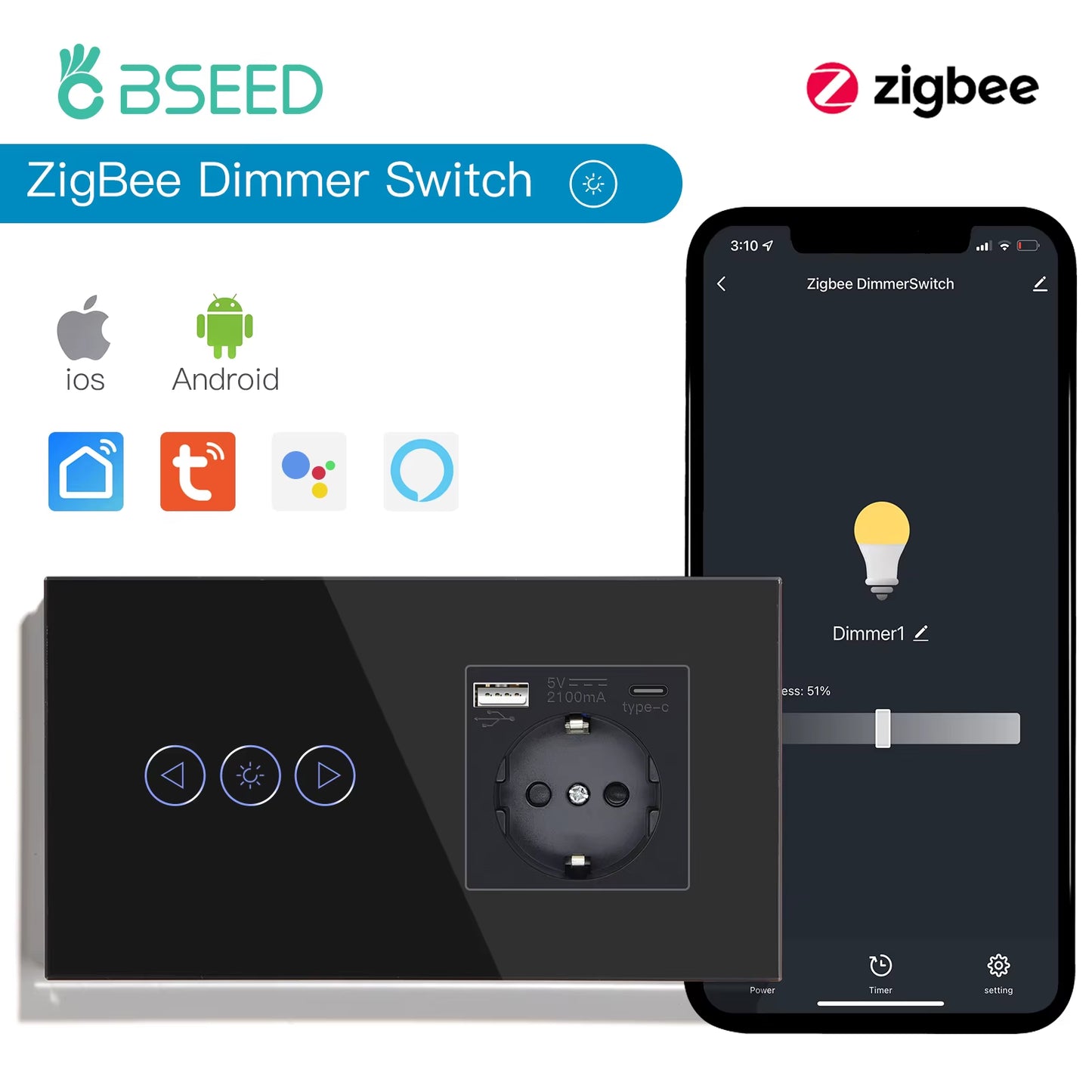 Zigbee Dimmer Switches Tuya APP Control Smart LED Dimmable Series Glass Google Alexa Smart Dimmer Touch Switches Black