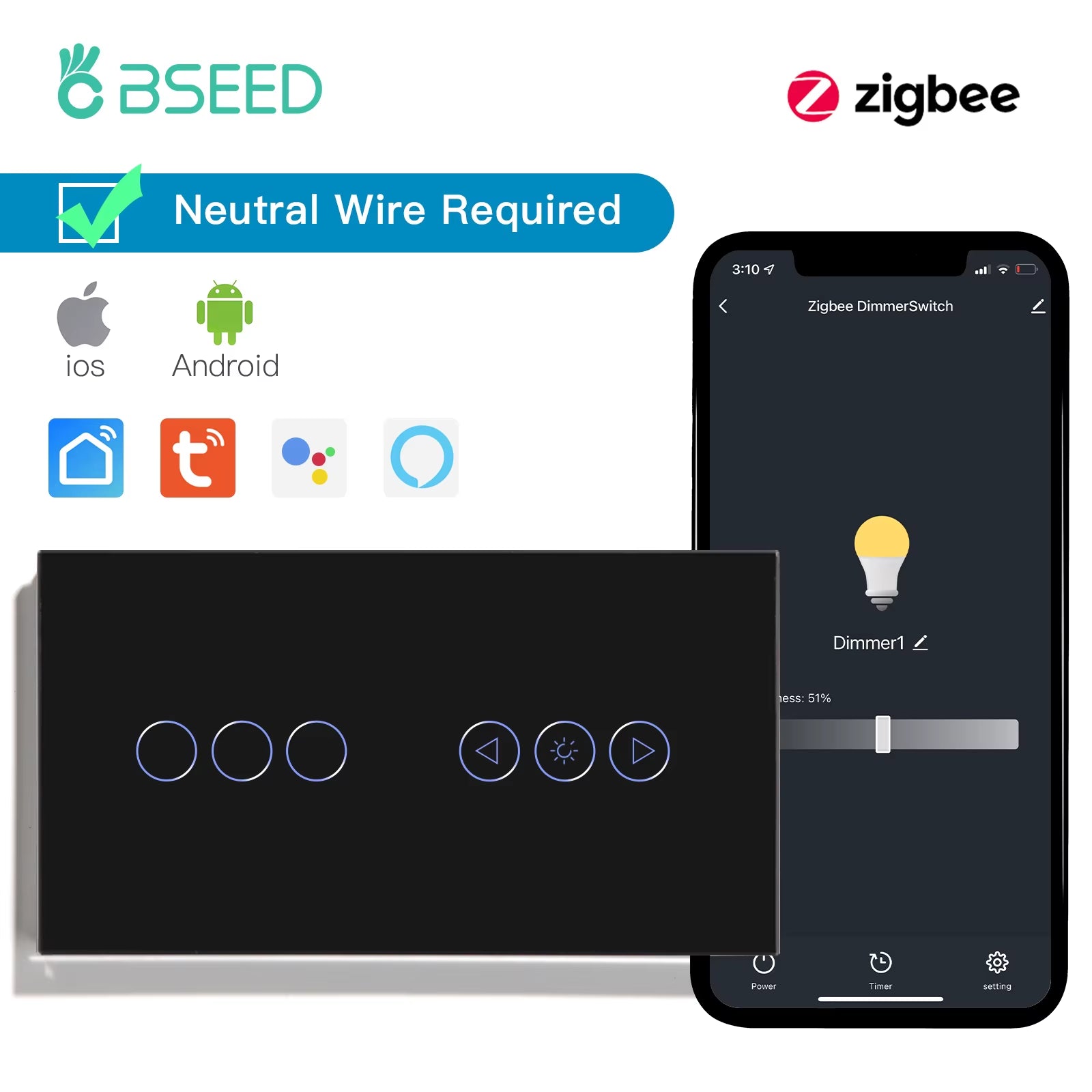 Zigbee Dimmer Switches Tuya APP Control Smart LED Dimmable Series Glass Google Alexa Smart Dimmer Touch Switches Black