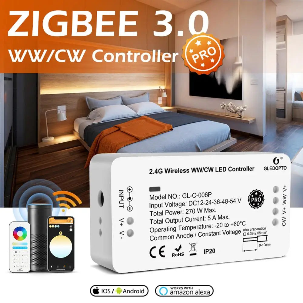 Zigbee 3.0 Smart Pro WW/CW Controller Warm Cold White Light Work with Smartthings APP Alexa Echo plus 2.4G RF Remote