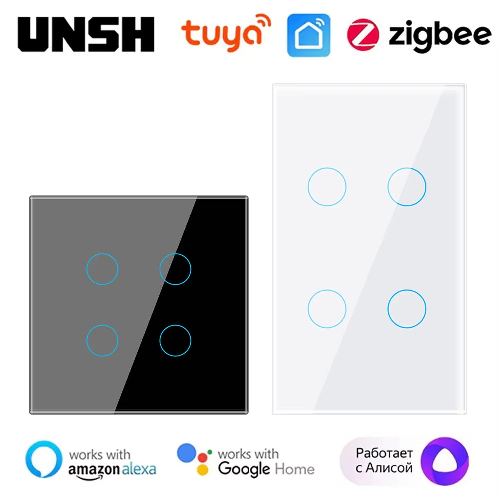 1 2 3 4 Gang Tuya Zigbee Smart Light 2-Way Control Touch Wall Switch With/No Neutral Wire Smart Life via Alexa Google Home Alice