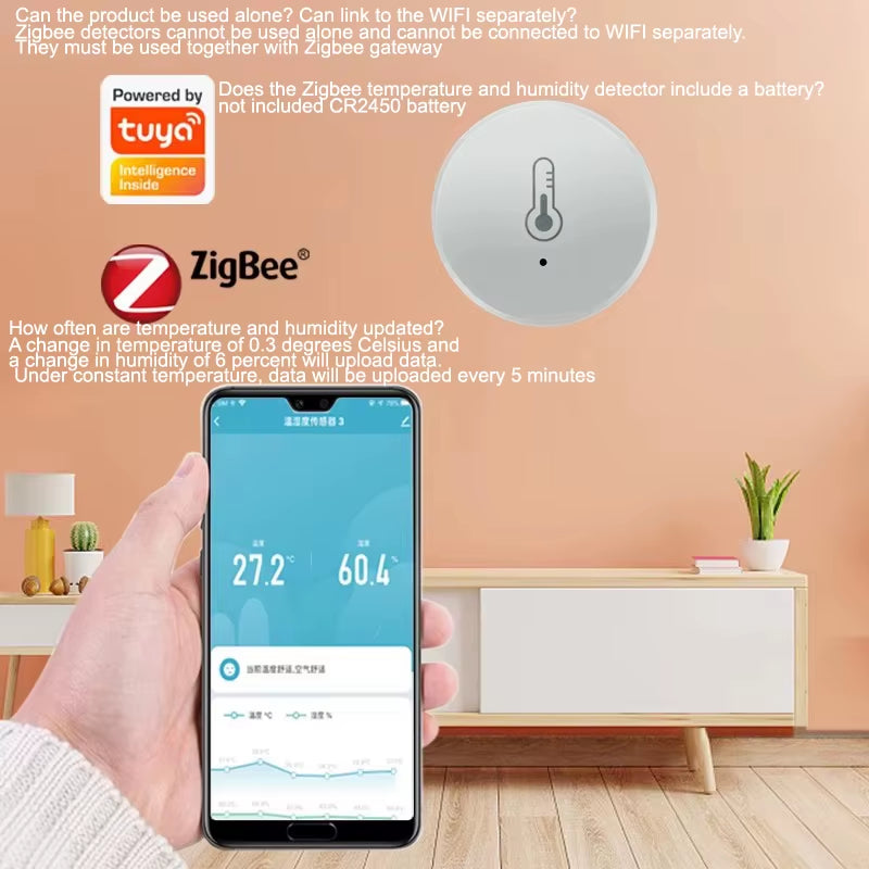 Tuya Zigbee Temperature and Humidity Sensor Voice Control Intelligent Home Hygrometer Real-Time Monitoring Voice without Battery