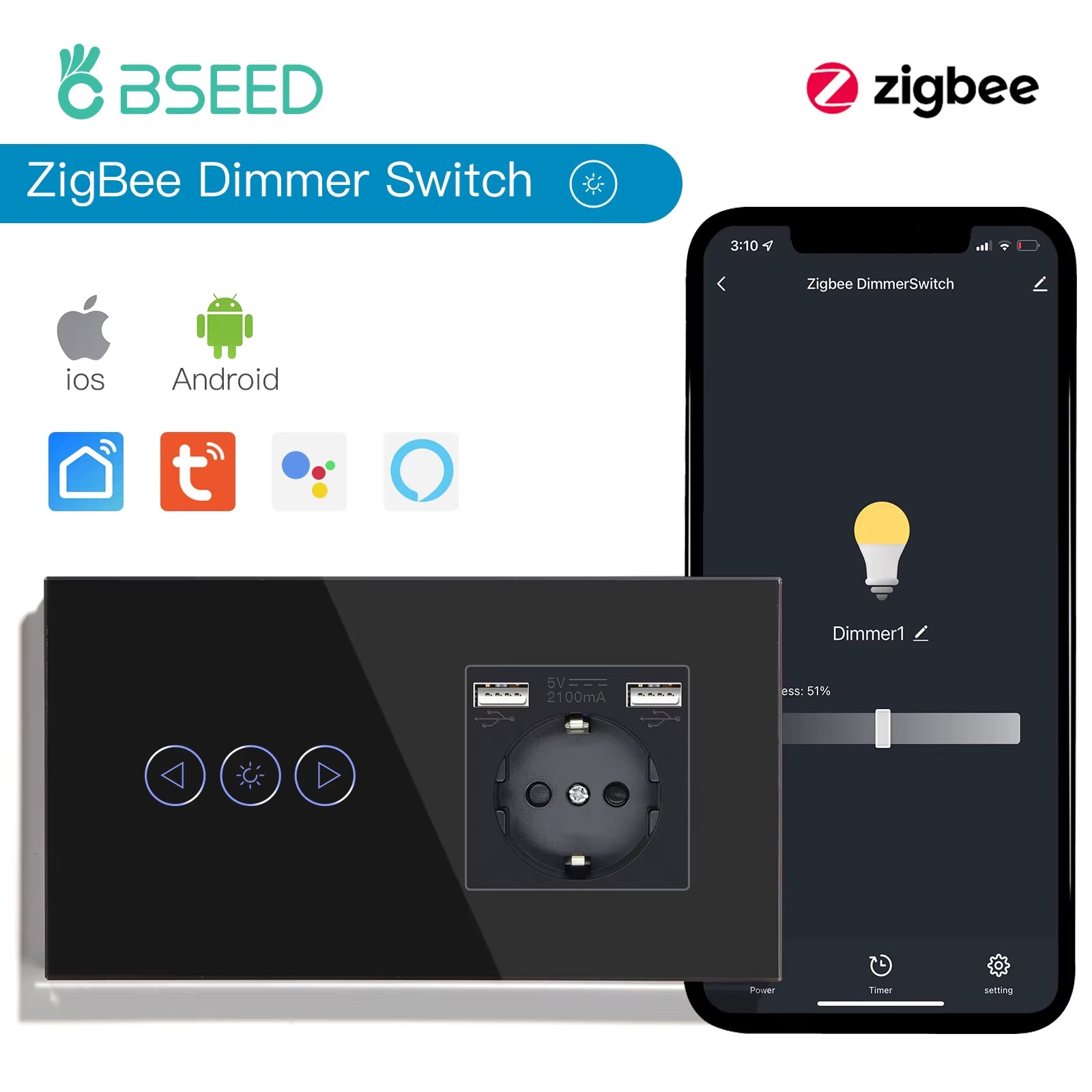Zigbee Dimmer Switches Tuya APP Control Smart LED Dimmable Series Glass Google Alexa Smart Dimmer Touch Switches Black