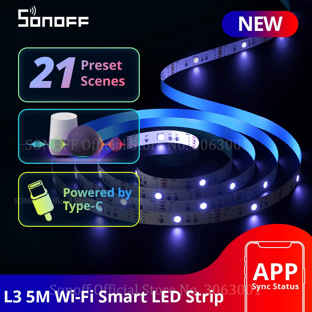 SONOFF L3 WiFi Smart Home LED Light Strip 5M Flexible RGB LED Lamp Lights Christmas Decoration Dance with Music Works with Alexa