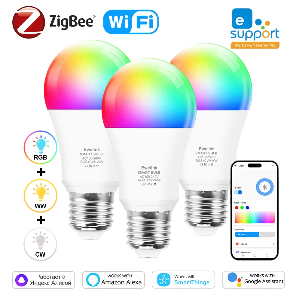 Ewelink E26 E27 Zigbee LED Bulbs Wifi Smart LED Lamp RGB+CW+WW 15W 18W LED Light Bulb Works With Alexa Google Smartthings Yandex