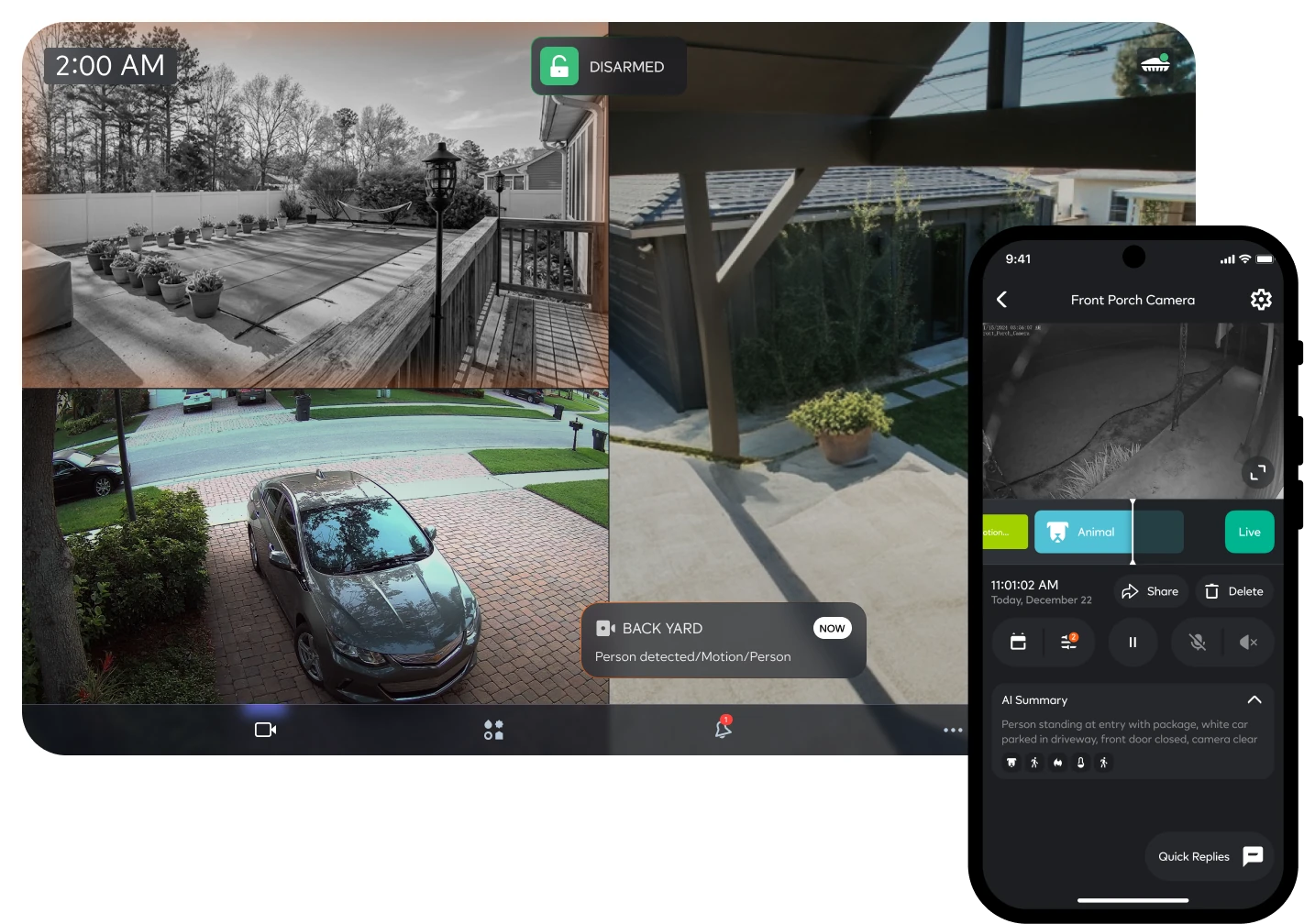 An AI detection camera system analyzes scene patterns and behaviors to detect anomalies, triggering real-time alerts for video security operations