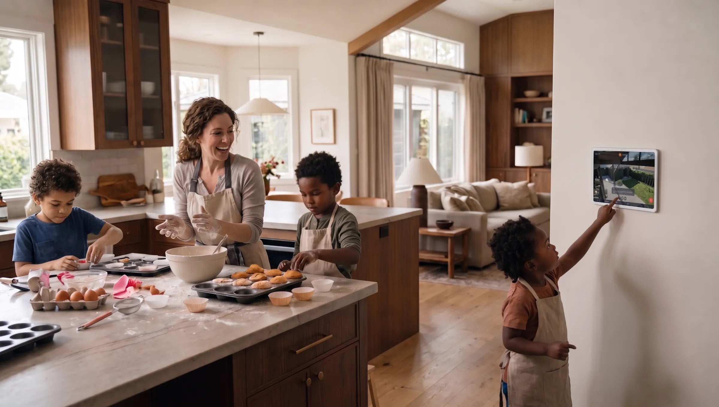 A family baking in the kitchen while a child taps the Ezlo Protect touchscreen on the wall