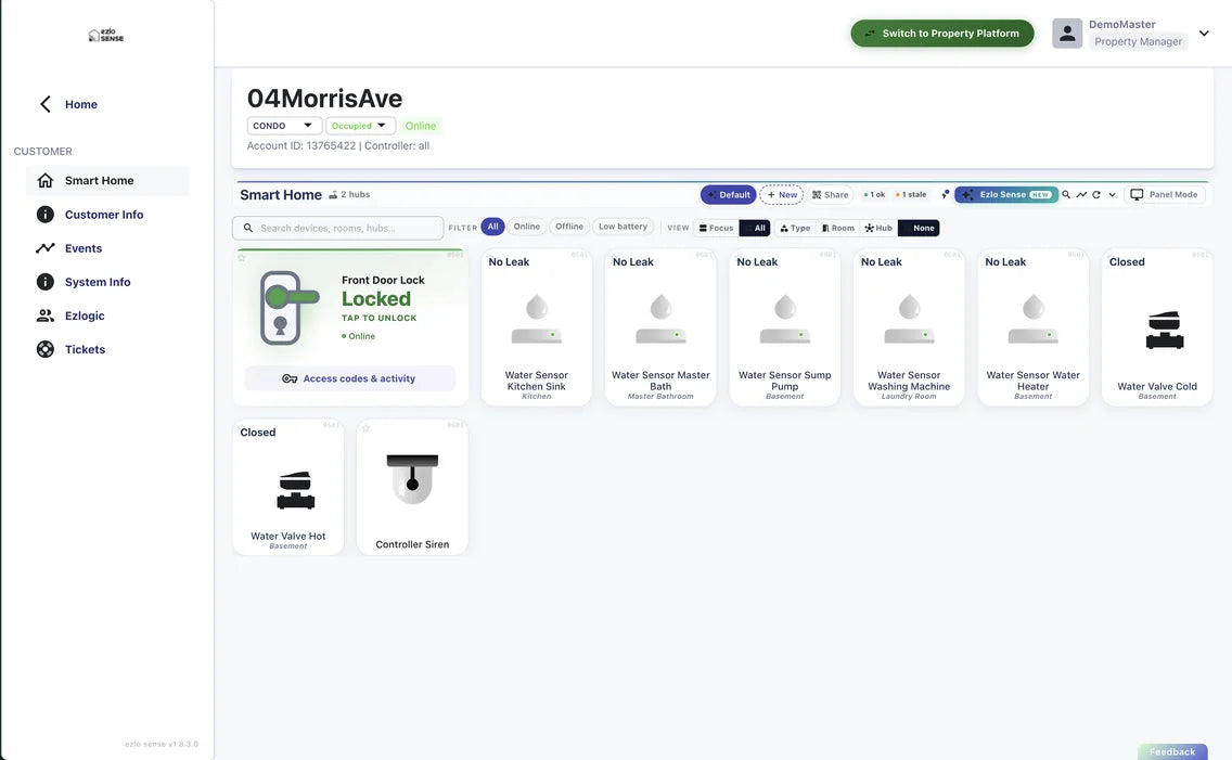 Ezlo Sense dashboard: a property with its locks, leak sensors and water valves