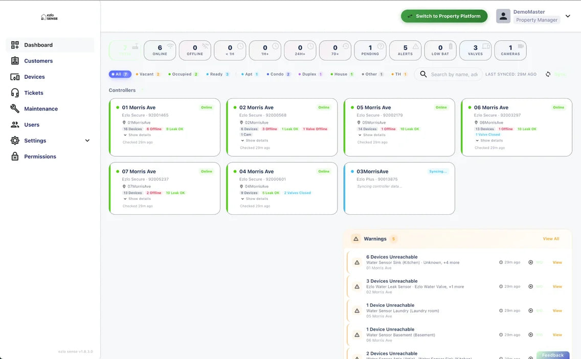 Ezlo Sense dashboard: every controller in the portfolio with its status, devices and warnings