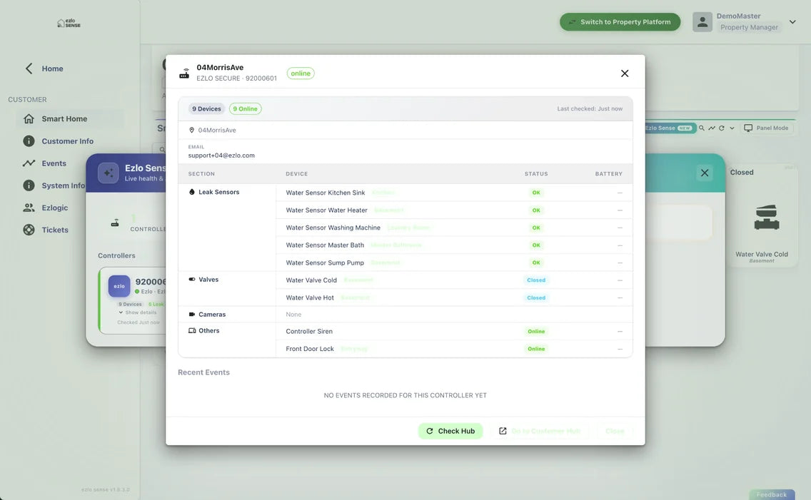 Ezlo Sense dashboard: one controller's leak sensors, valves and other devices with their status