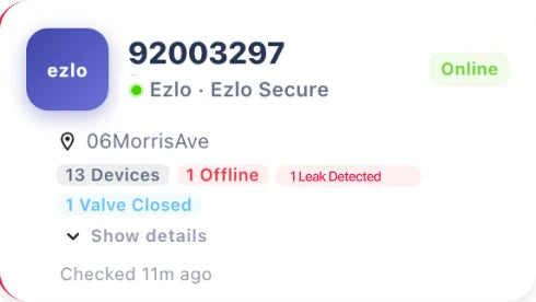 Ezlo Secure hub card: 13 devices, 1 offline, 1 leak detected, 1 valve closed