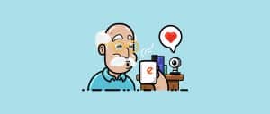 a picture of a man sipping coffe out of an ezlo cup in his office next to an ezlo camera as he embraces the option to age in place